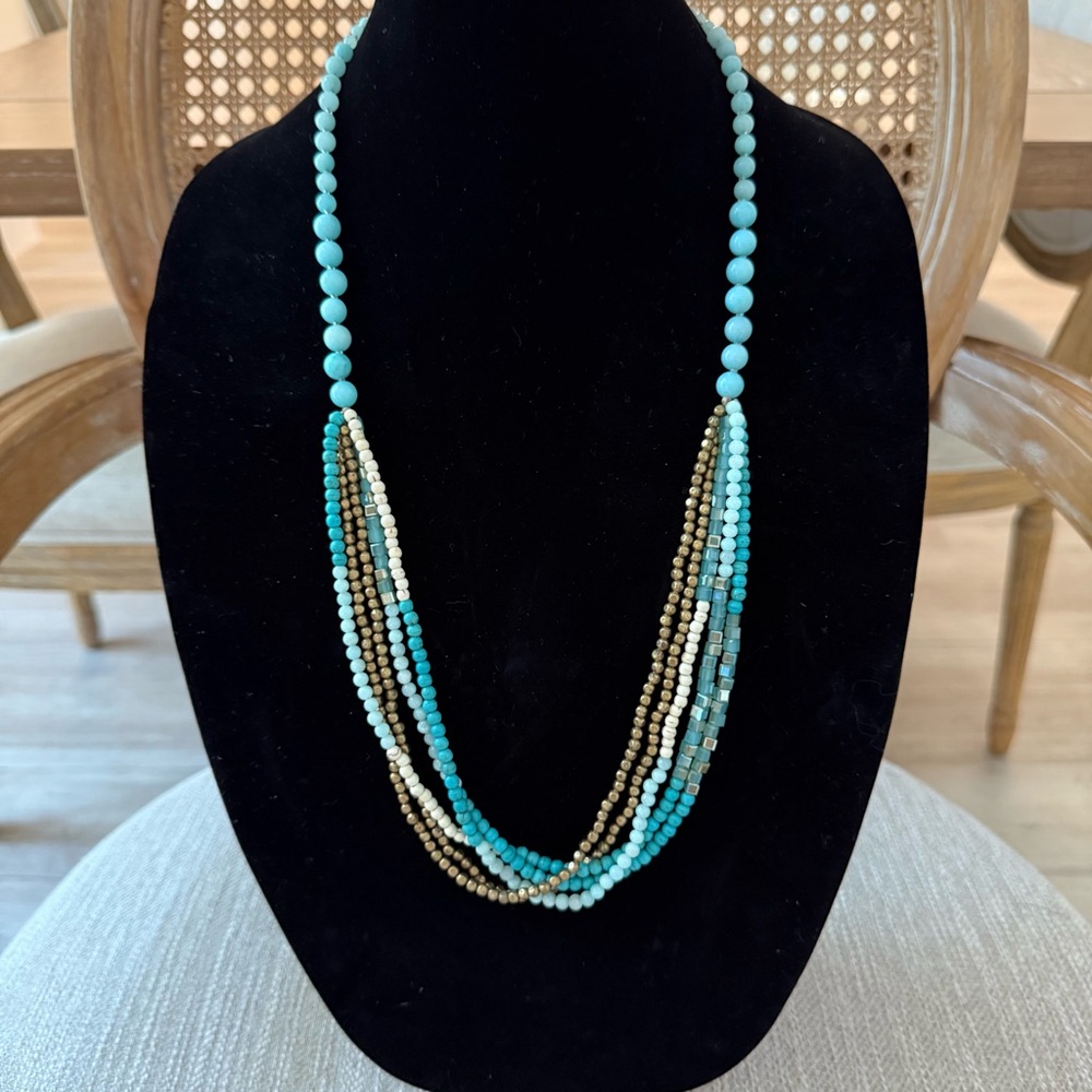 Multi-Strand Blue Gold Beaded Necklace
